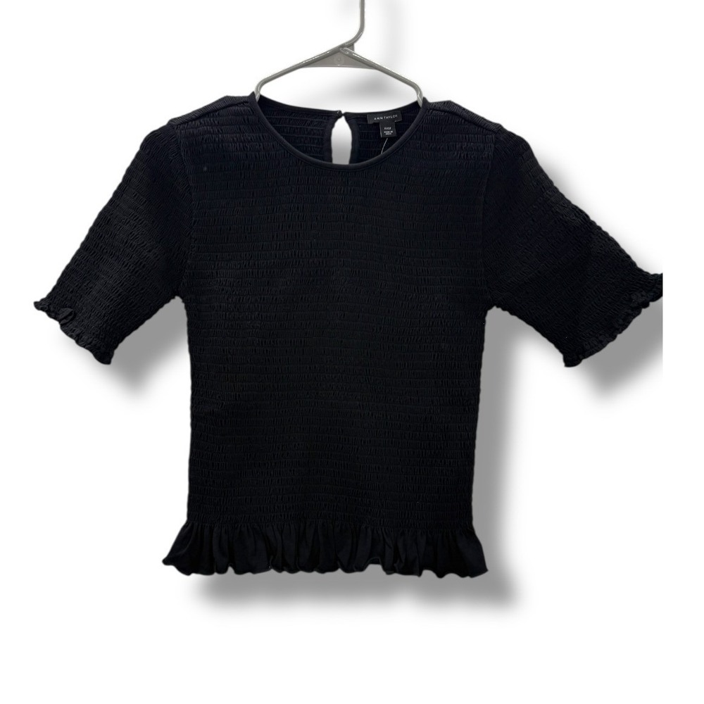 Ann Taylor NWT Smocked Ruffle Hem Top Women's XXSP Black Short Sleeve Workwear